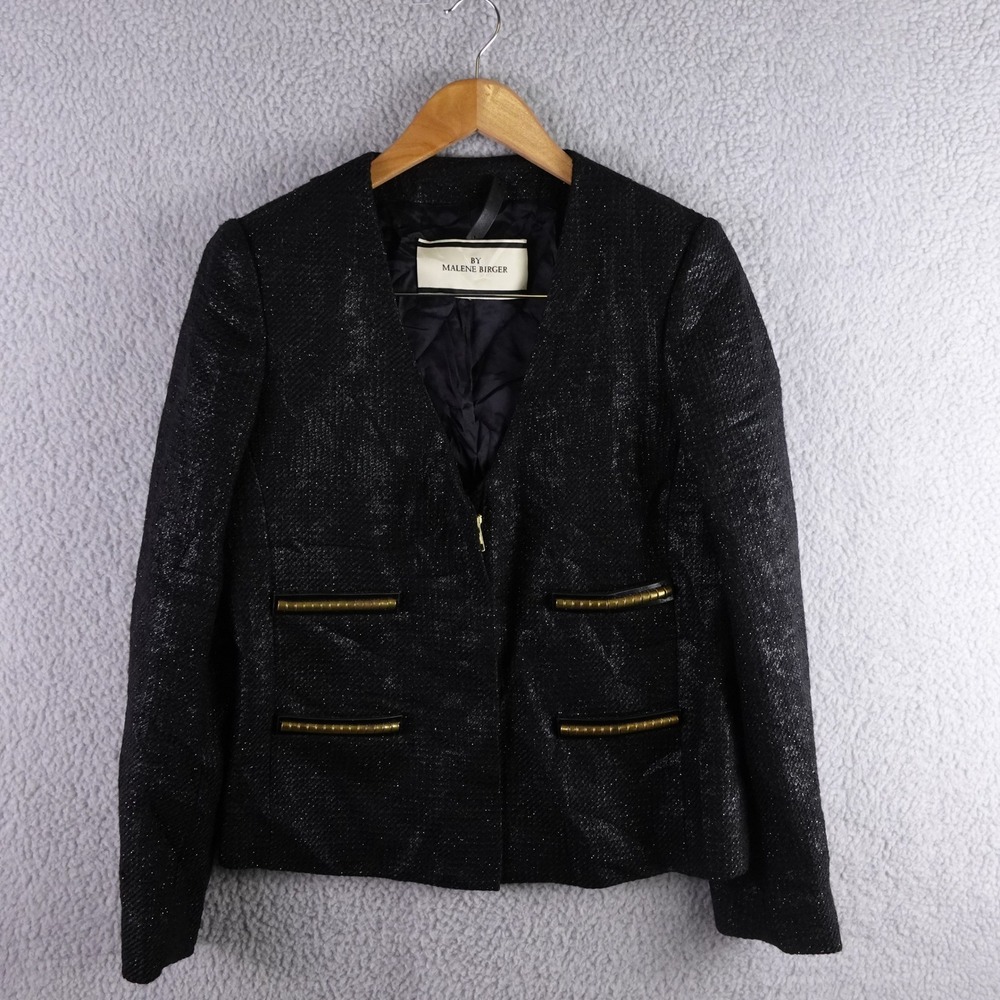 By Malene Birger Black Metallic Textured Collarless Blazer Gold Zip Detail 42